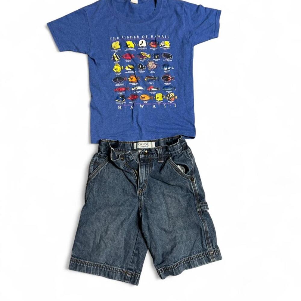 Size 7 boys outfit Cherokee carpenter fit denim shorts and fishes of Hawaii tee